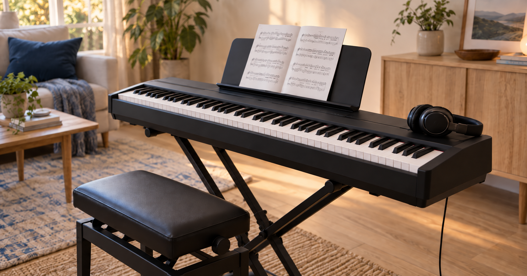 Piano digital de 88 teclas con soporte y banqueta ajustable listo para empezar a tocar en casa