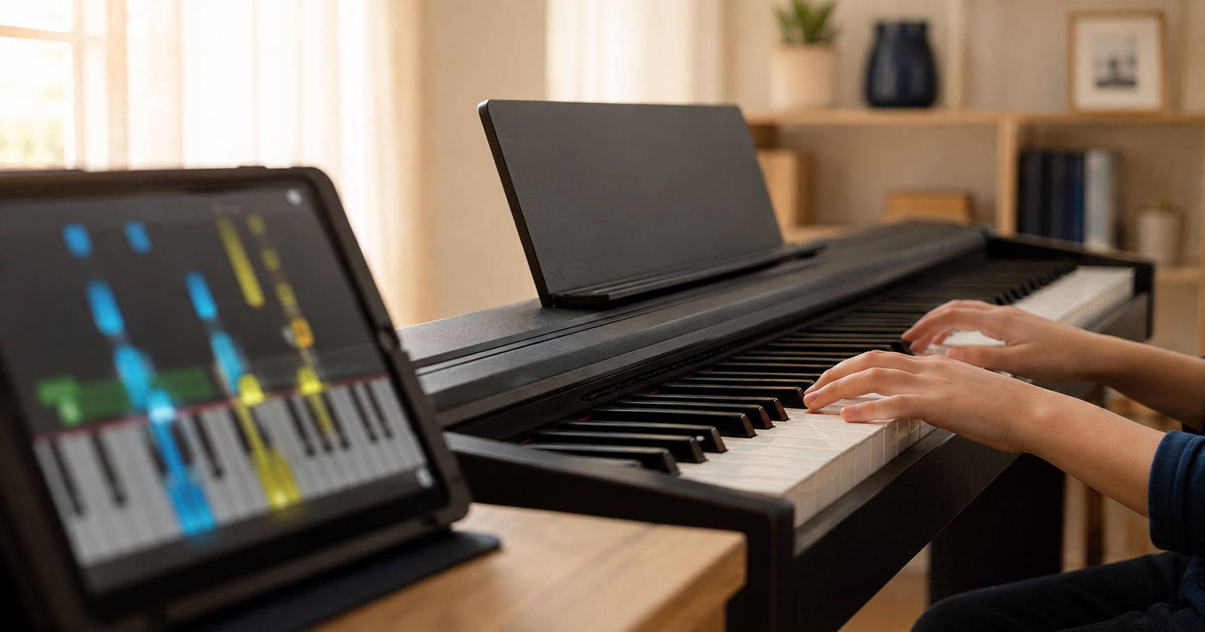 Manos de un niño en un piano digital junto a una tablet con una app de piano